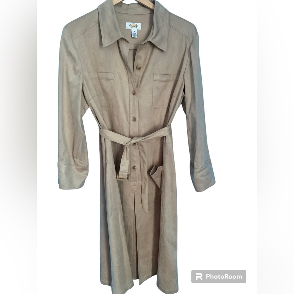Talbots Beige Faux Suede Chamois Belted Shirt Dress Size 16